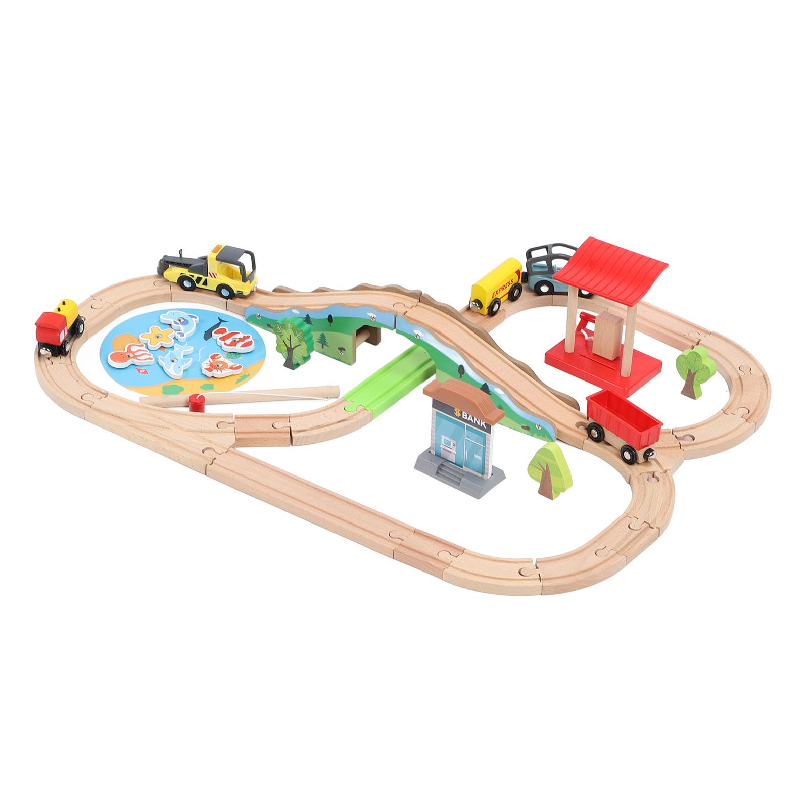 Hidyliu Juego de Vías de Tren de Madera, Juguete Educativo con Temática Urbana para Niños Pequeños de 2 Años en Adelante, Materiales Ecológicos y Seguros, 49 Piezas