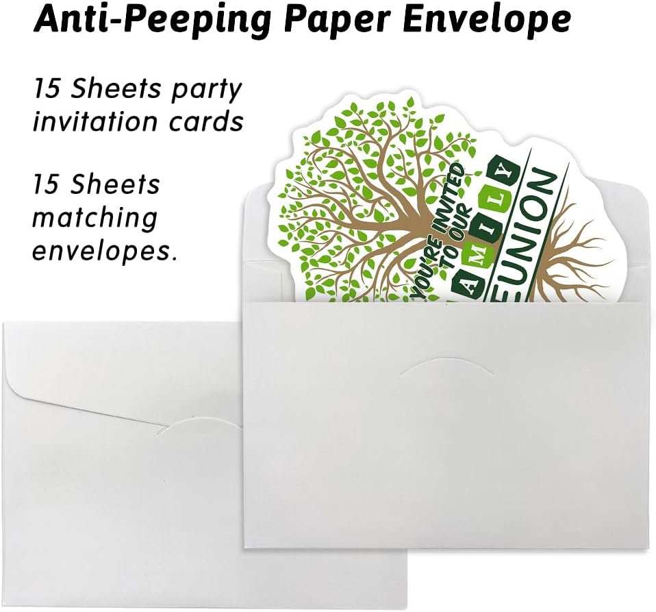 Greeting Card - 15 Sheets Family Tree Reunion Invitations, Double Sided, Birthday Party Supplies with 15 Envelopes