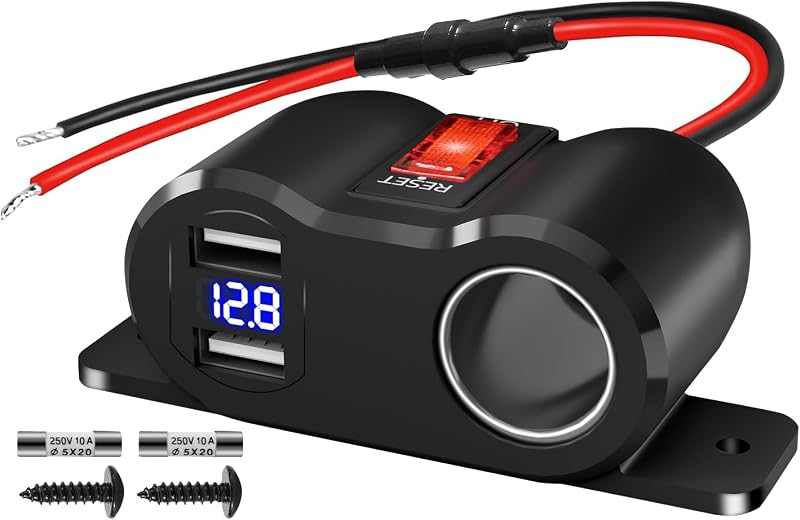 Tomada automotiva 12 V Gibbab com divisor, 2 USB, voltímetro LED e saída de 120 W – Modelo CRS022