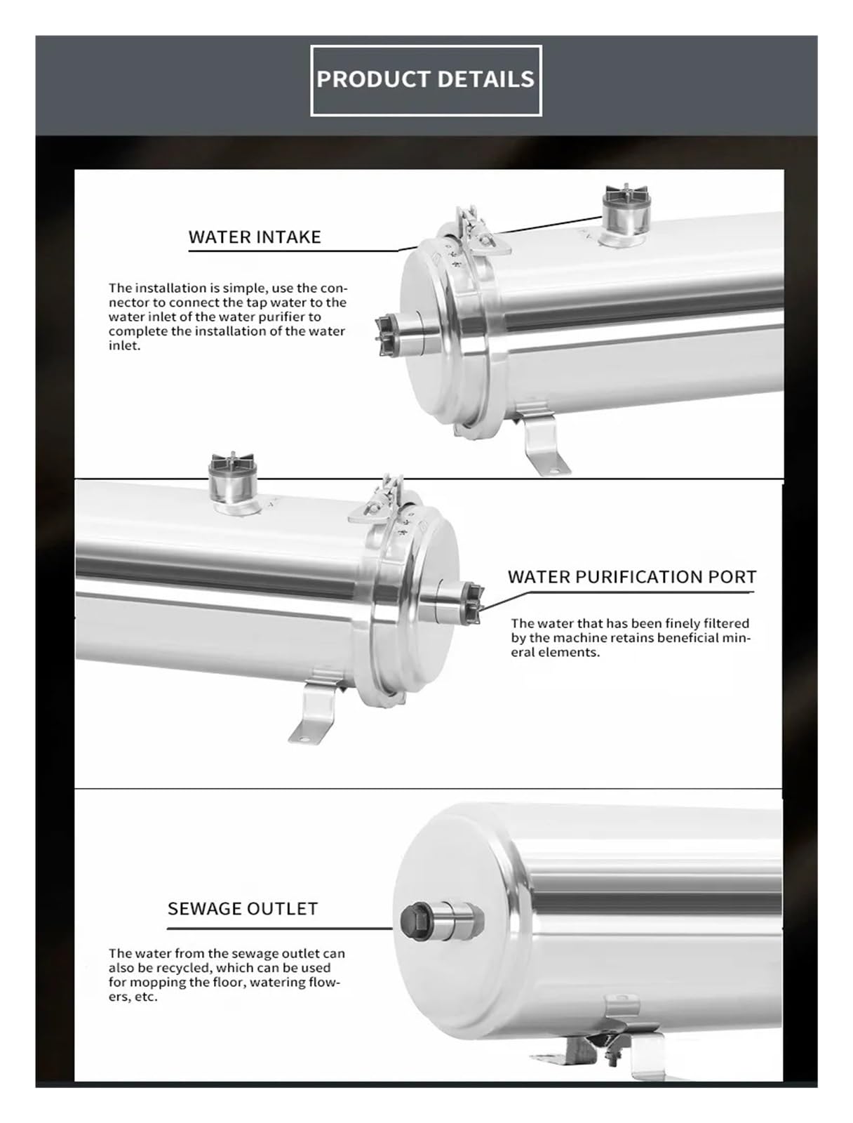 Purificador de agua de ultrafiltración de acero inoxidable 304, filtro de agua PVDF 3000L/H cocina doméstica 0,01μm filtros UF rectos for bebidas Filtración debajo del fregadero y sobre la encimer