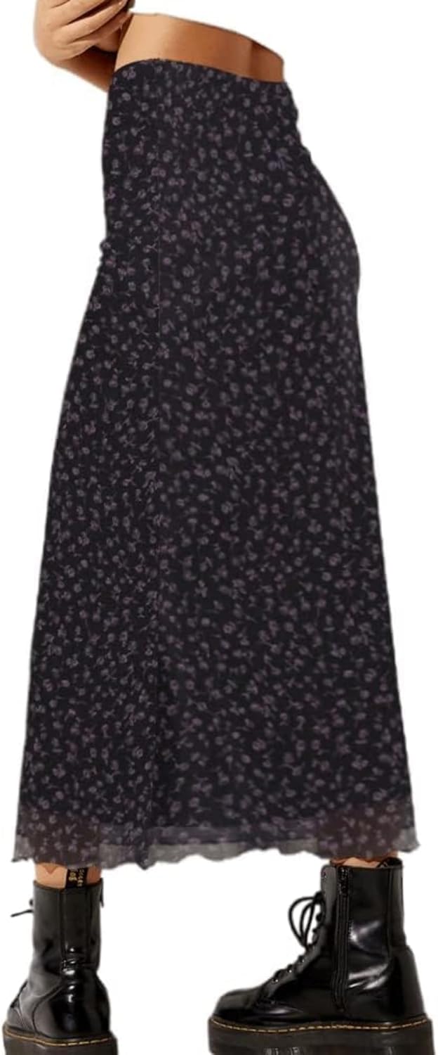 Avanova Women Ditsy Floral Bohemian Mesh Midi Skirt Elastic High Waisted Flowy Summer Long Skirt - Image 2