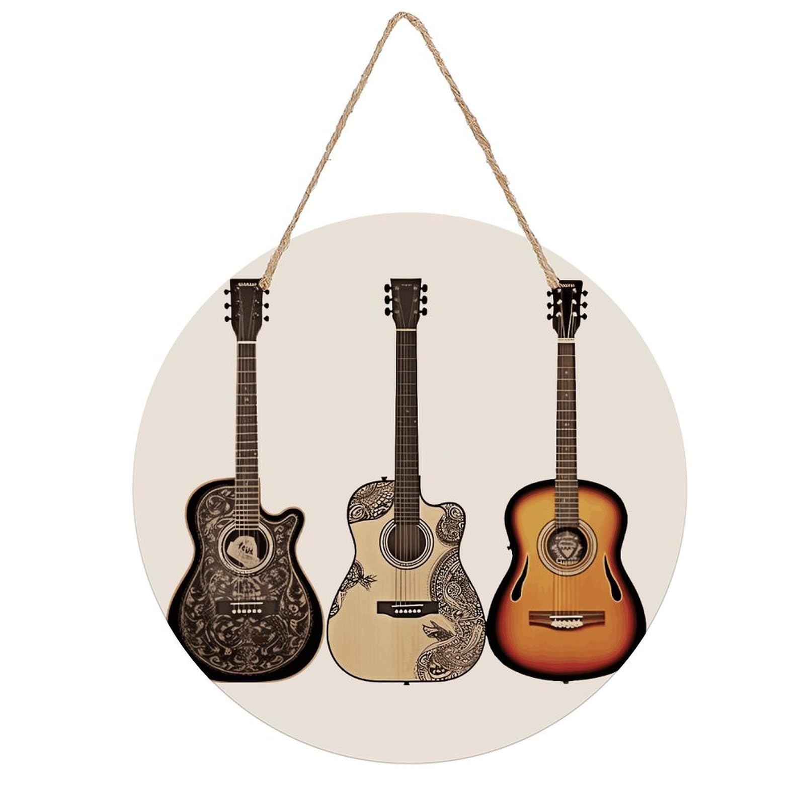 FekiLoot Guitar Wall Art Decor Round Wood Hanging Sign Decoration Wooden Circle Door Sign Round Hanging Decorative Wood Plaque Door Hanger for Home Outdoor Indoor Decoration