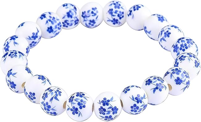 Dreuyet Women Porcelain Beads Bracelet Elegant Ethnic Style Blue and White Ceramic Beaded Bracelets Handmade Vintage Sunflower Geometric Round Bracelet Gift