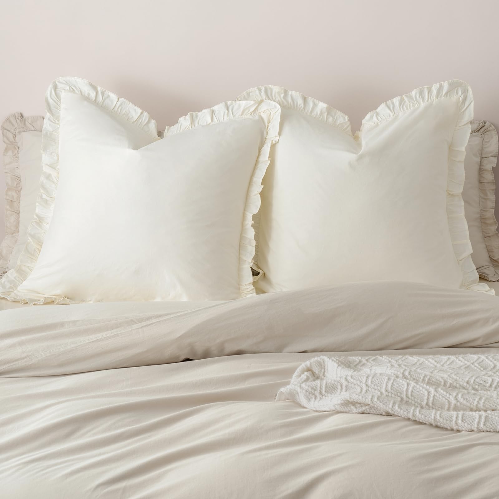 PHF 100% Washed Cotton Ruffle Pillowcases Standard Size, 2 Pack 20" X 26" Pillow Shams, No Insert, Ultra Soft Cotton Pillow Cases,Decorative Farmhouse Bedding, Cannoli Cream