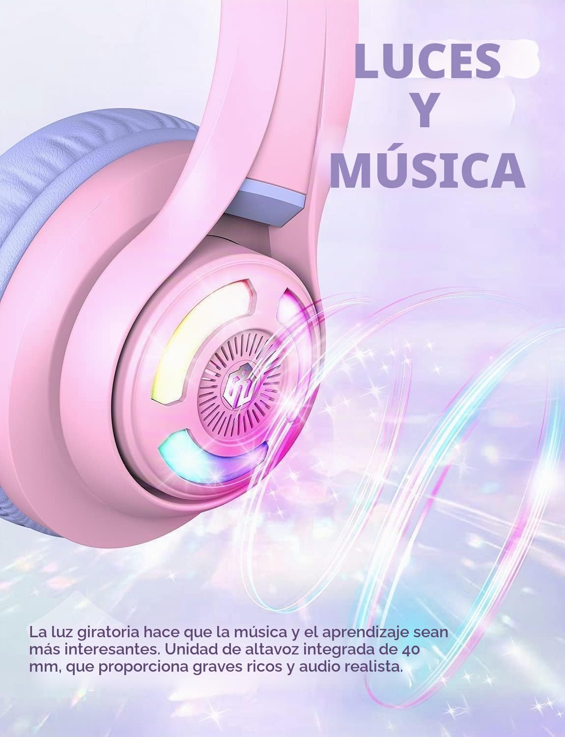 iClever Auriculares Bluetooth para Niños, BTH13 Cat Ear LED Light Up Kids Auriculares Inalámbricos, 50H Playtime, 74/85/94dB Limitación de Volumen, con Micrófono sobre la Oreja