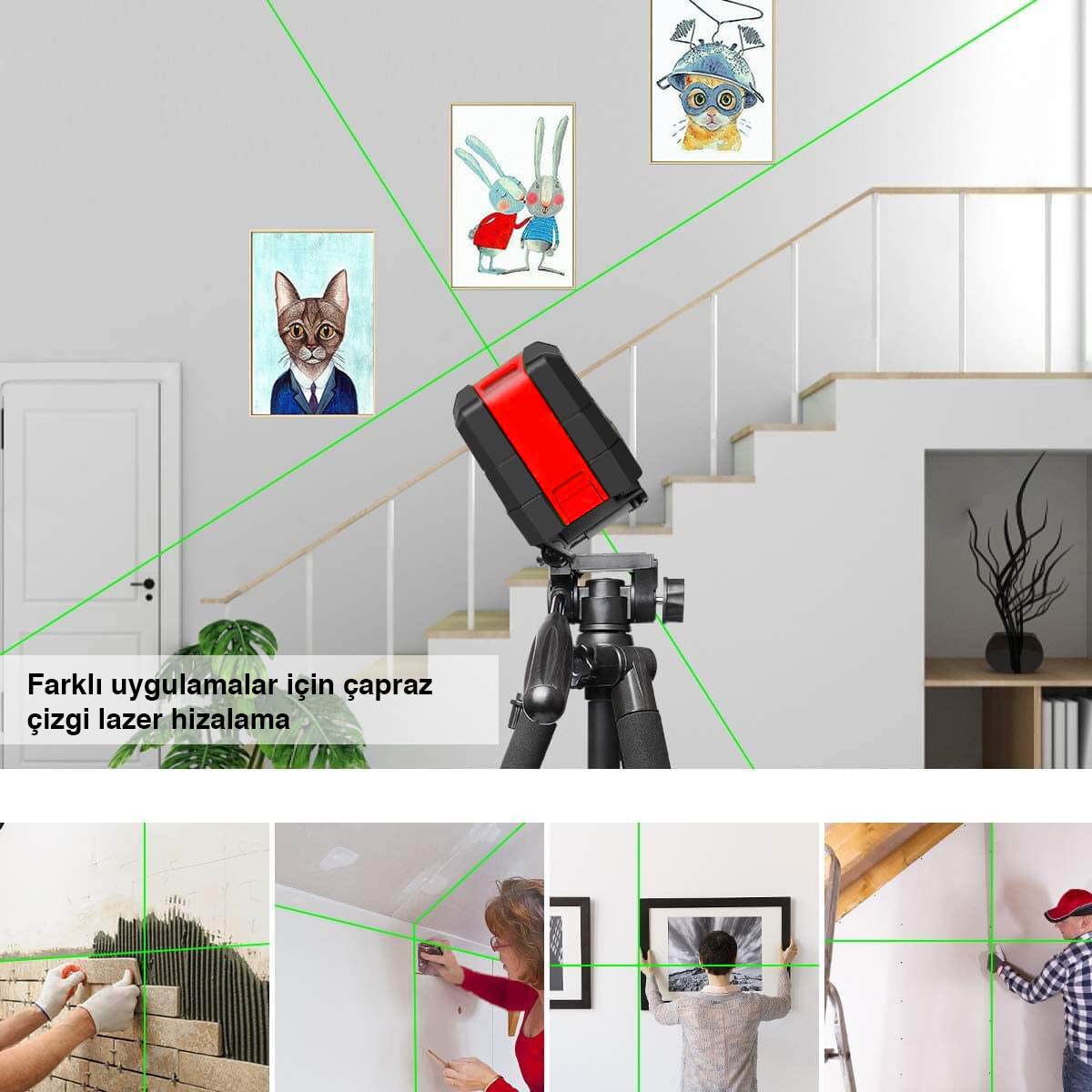 KOBB KBL92G 30 Metre Profesyonel Yatay ve Dikey Otomatik Hizalamalı Yeşil Çapraz Çizgi Lazer, 2 Noktalı Şakül Lazer Distomat + Mini Tripod, Kırmızı/Siyah