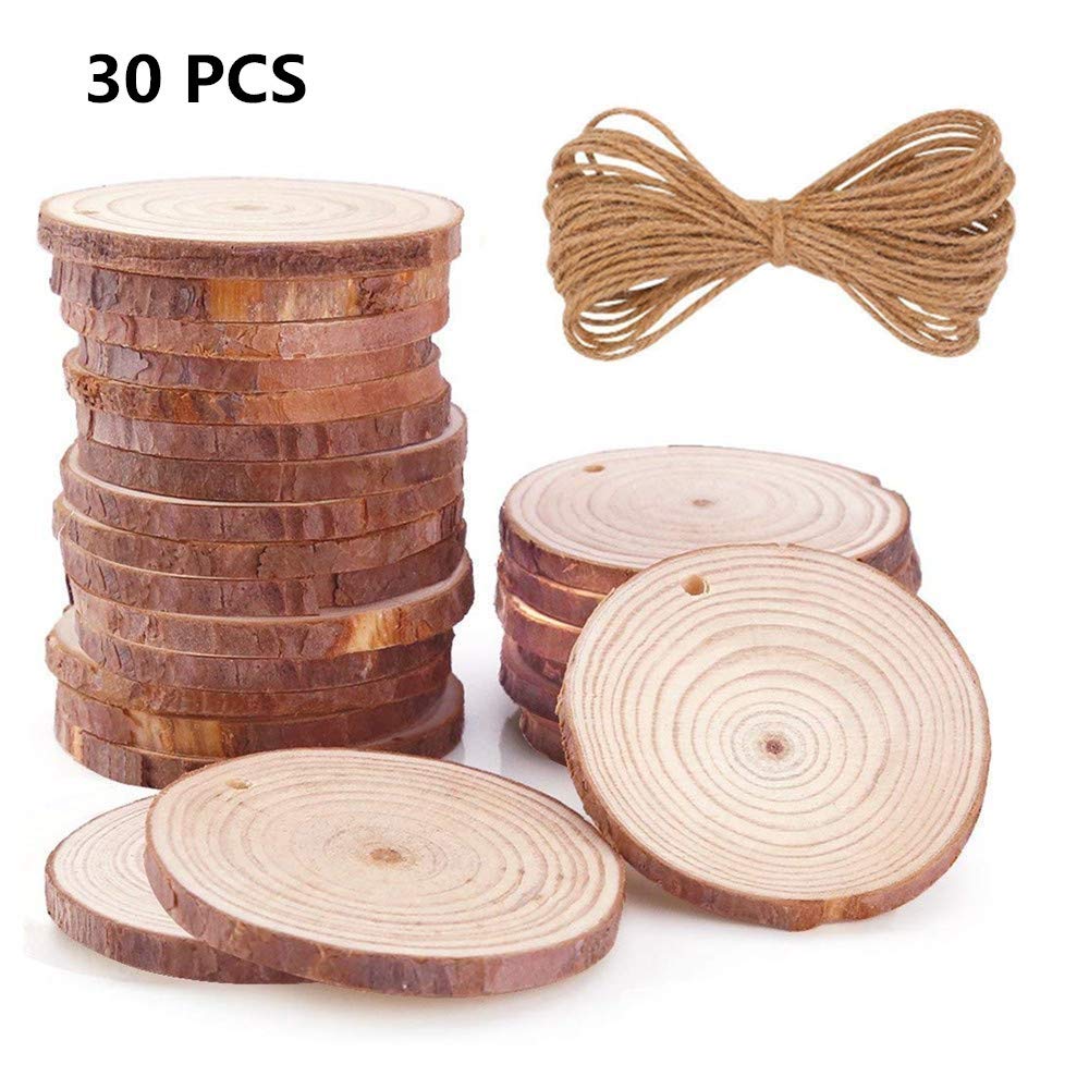 Jiunuan 30 Pcs 2.4"-2.8" Natural Wood Slices Craft Wood kit Unfinished Predrilled with Hole Wooden Circles Great for Arts and Crafts Christmas Ornaments DIY Crafts