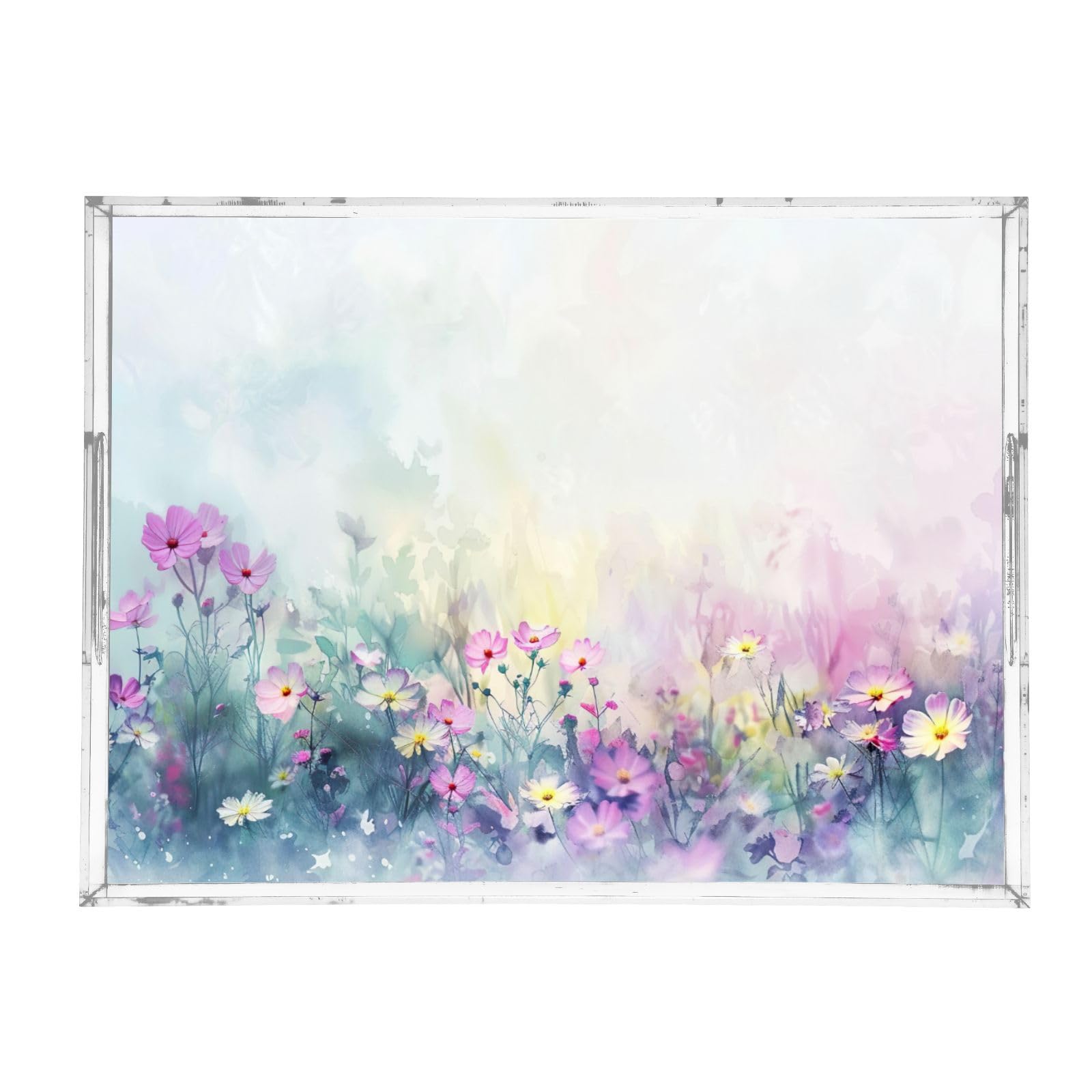 BOESI Doodle Colorful Flower Pattern Acrylic Decorative Dining Tray, Acrylic Decorative Tray Organizer with Handle for Kitchen, Dining Room, Bathroom, Dresser