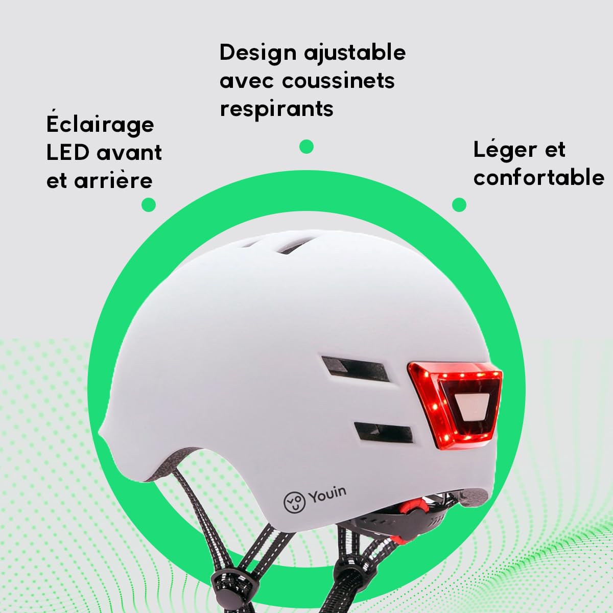 Youin Casque homologué avec LED Avant et arrière - Couleur Blanche - Taille L (55-62 cm) - Protection et visibilité pour trottinettes et vélos - Ventilation réglable - Design léger et Ergonomique