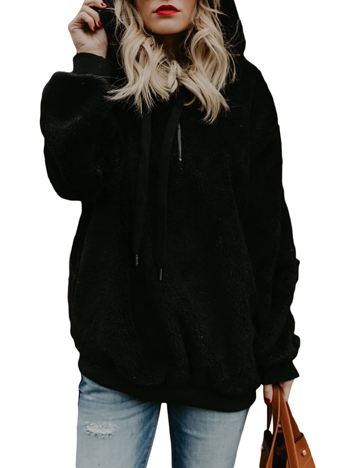 Aleumdr Women's Winter 1/4 Zipper Hoodies Oversized Soft Fluffy Fleece Sweatshirt Pullover Drawstring Outwear with Pockets Black Small 4 6
