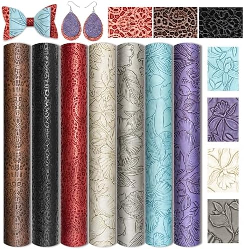 7 Pcs Embossed Faux Leather Sheets for Earrings Purses Making, 8.2" X 11.8" with Flower Leaf Embossed Textured Synthetic Fabric Sheets for DIY Bows Wallet Sewing Crafts (Random)