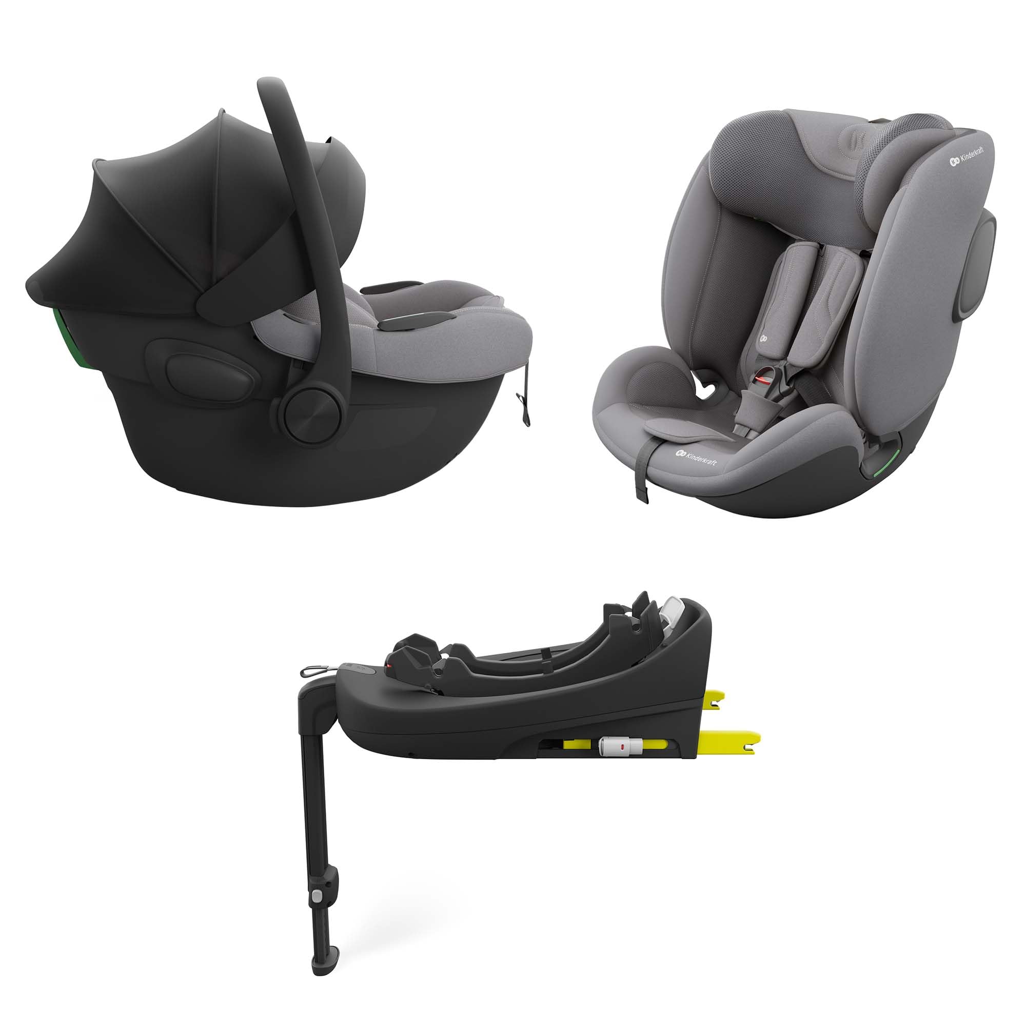 KINDERKRAFT ENDURA SAFE MODULAR SYSTEM, 3in1, für Kinder und Säuglinge, Autokindersitz, drehbare Basis (90°), ultraleicht (3,2 kg), Premium-Polsterung, Kopfschutzsystem, Grau
