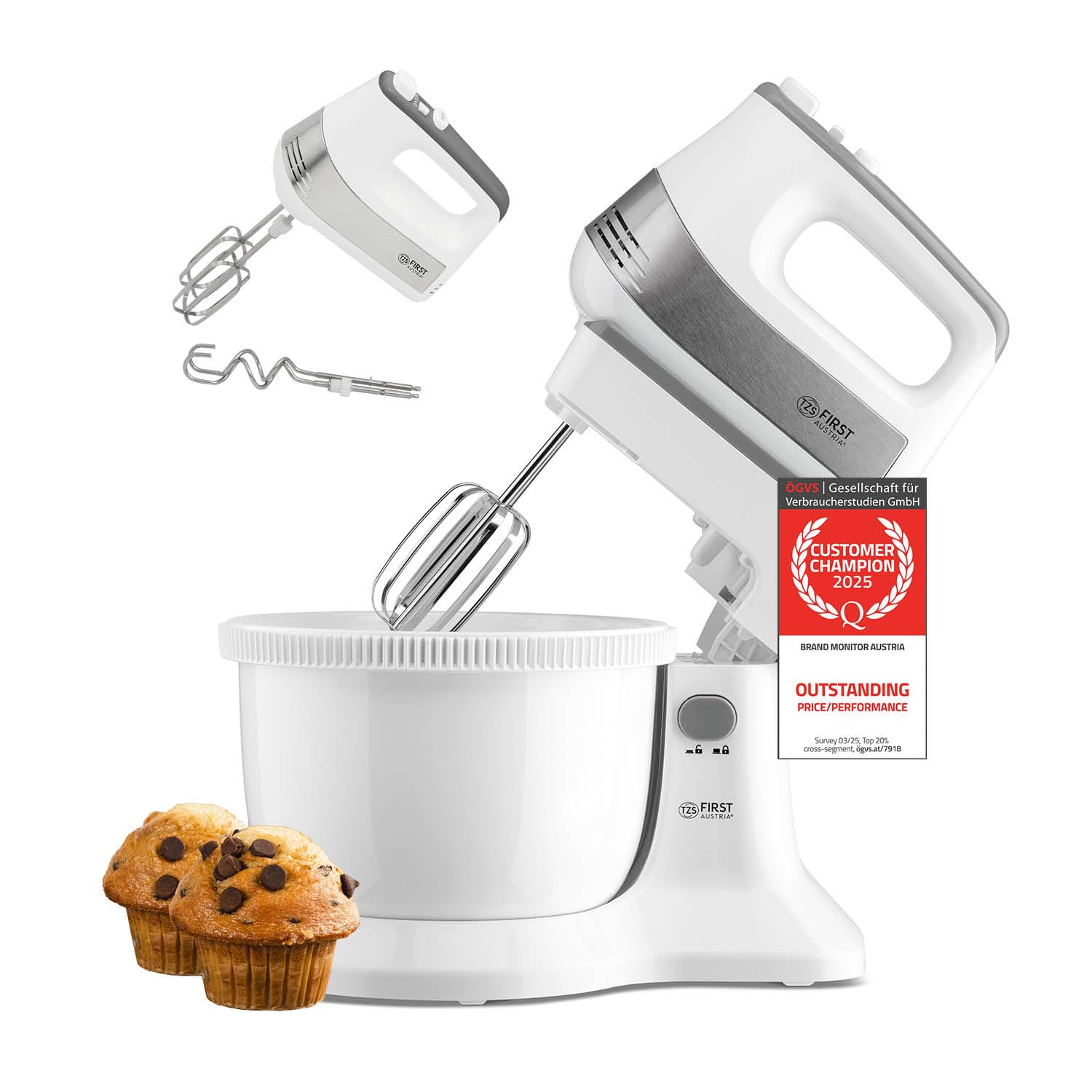 TZS First Austria mixer 2 in 1, mano e stand, 3,4L, 500W, 5 velocità, funzione turbo, fruste e ganci impasto inclusi
