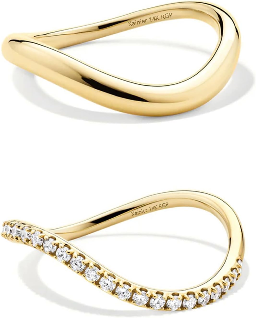 Kainier 2pairs Stacking Rings for Women 1mm 14K Gold Plated CZ V-Shaped Wavy Band Thin Pinky Thumb Stackable Ring Set Dainty Non Tarnish Comfort Fit Size 5 to 10