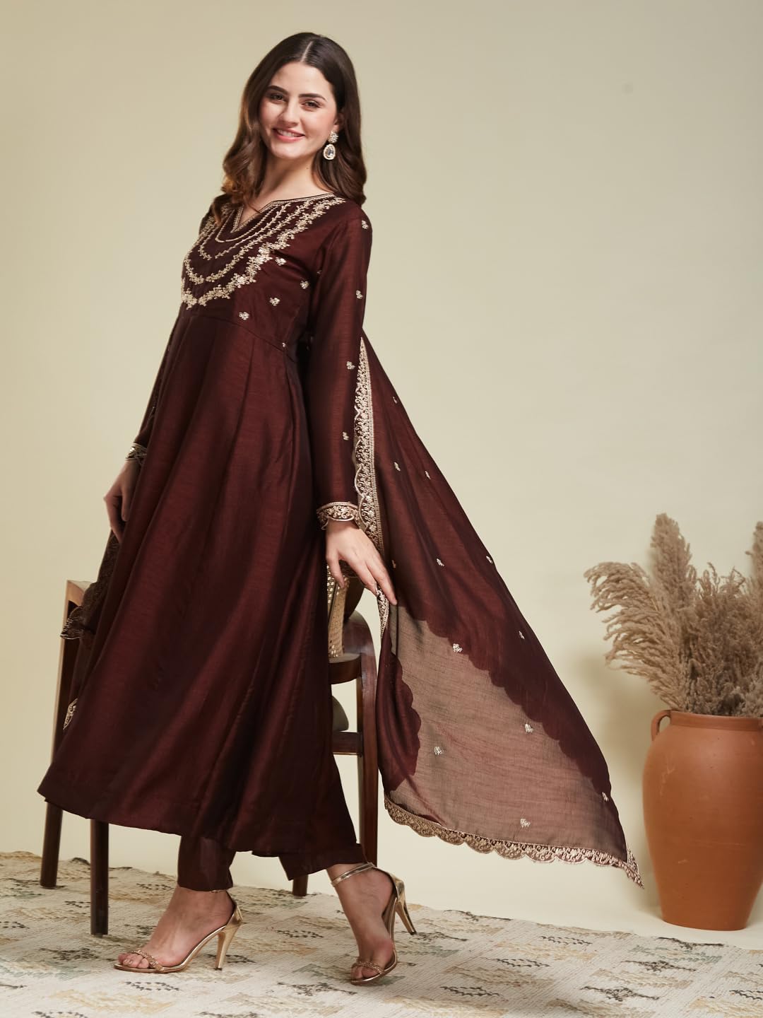 MOKOSH Women's Silk Embroidered Anarkali Kurta Pant Dupatta Set (444-05-L) Coffee - Image 8 thumbnail