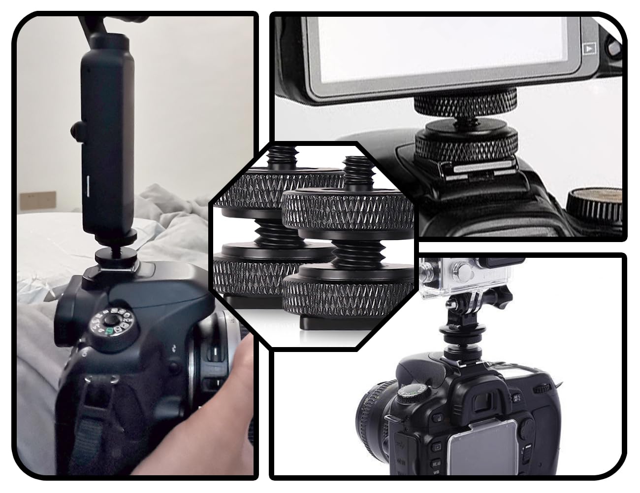 Lot de 2 adaptateurs de sabot de flash pour appareil photo, filetage 1/4", en métal, pour filetage de trépied, flash, microphones sur griffe de flash (noir)