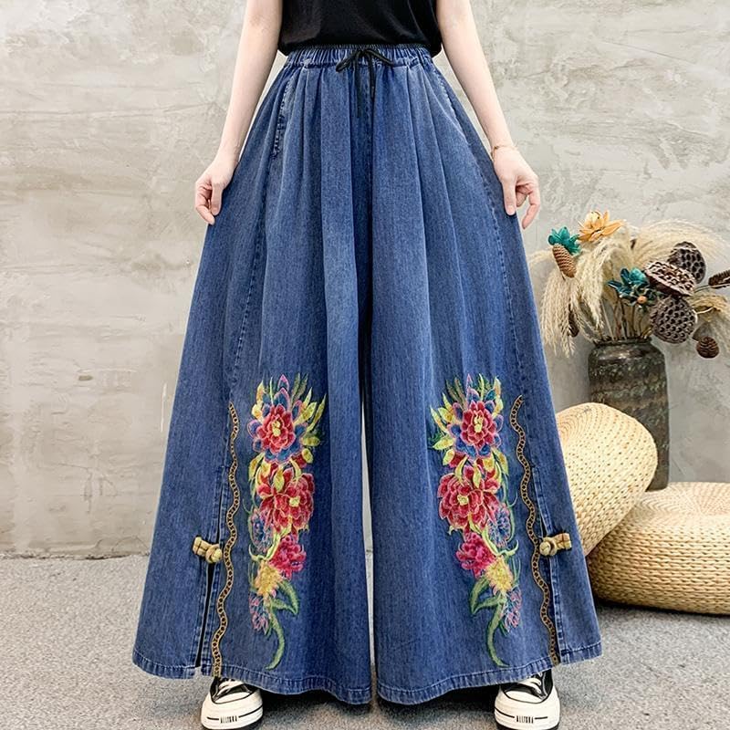 Duberess Womens Loose Cropped Jeans with Embroidery Wide Leg Denim Pants Harem Trousers with Pockets - Image 5