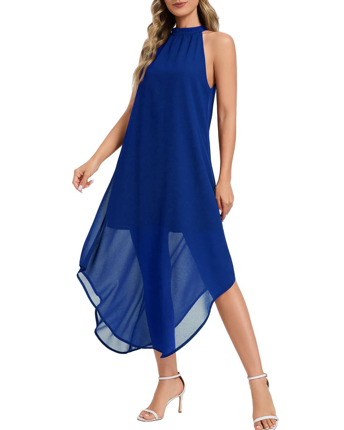 Photo 1 of KATOLK Women's Halter Wedding Guest Dress - Flowy Chiffon Sleeveless Maxi with Asymmetrical Hem for Summer Formal Events (Royal Blue)