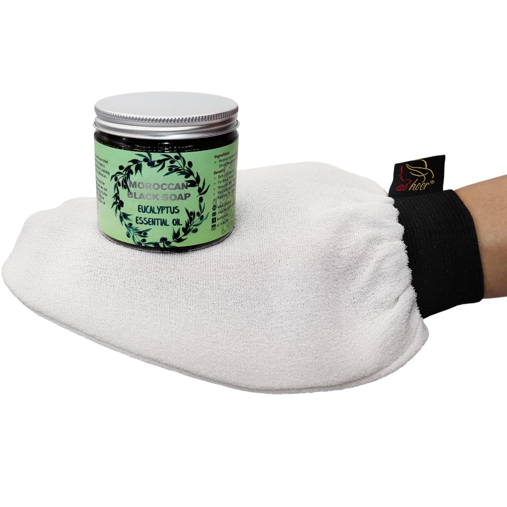 Moroccan Black Olive Soap Infused In Eucalyptus Oil + Kessa Glove - Deep Acne Cleansing & Dead Skin Cells Remover (Eucalyptus/White Kessa)
