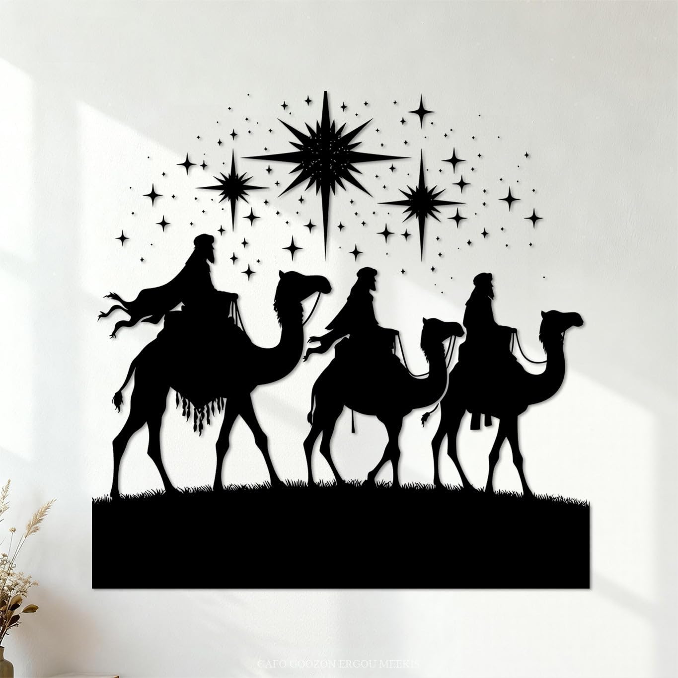 Ergou Men's Stickerdecal-89344 Happy Epiphany Day Design Silhouette Of Three Wise On Camel Bright Star Nativity Of Jesus Fine Carving Stickers 67.2X67.2cm Easy Installation Black