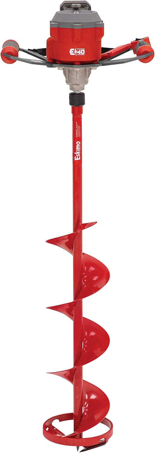 Eskimo E40 Electric Ice Fishing Auger, Full Power 40v Lithium-ion Battery, Lightweight Powerhead, Turbo Cutting System, Multi-Edge Blades, Red 8-inch Steel Bit