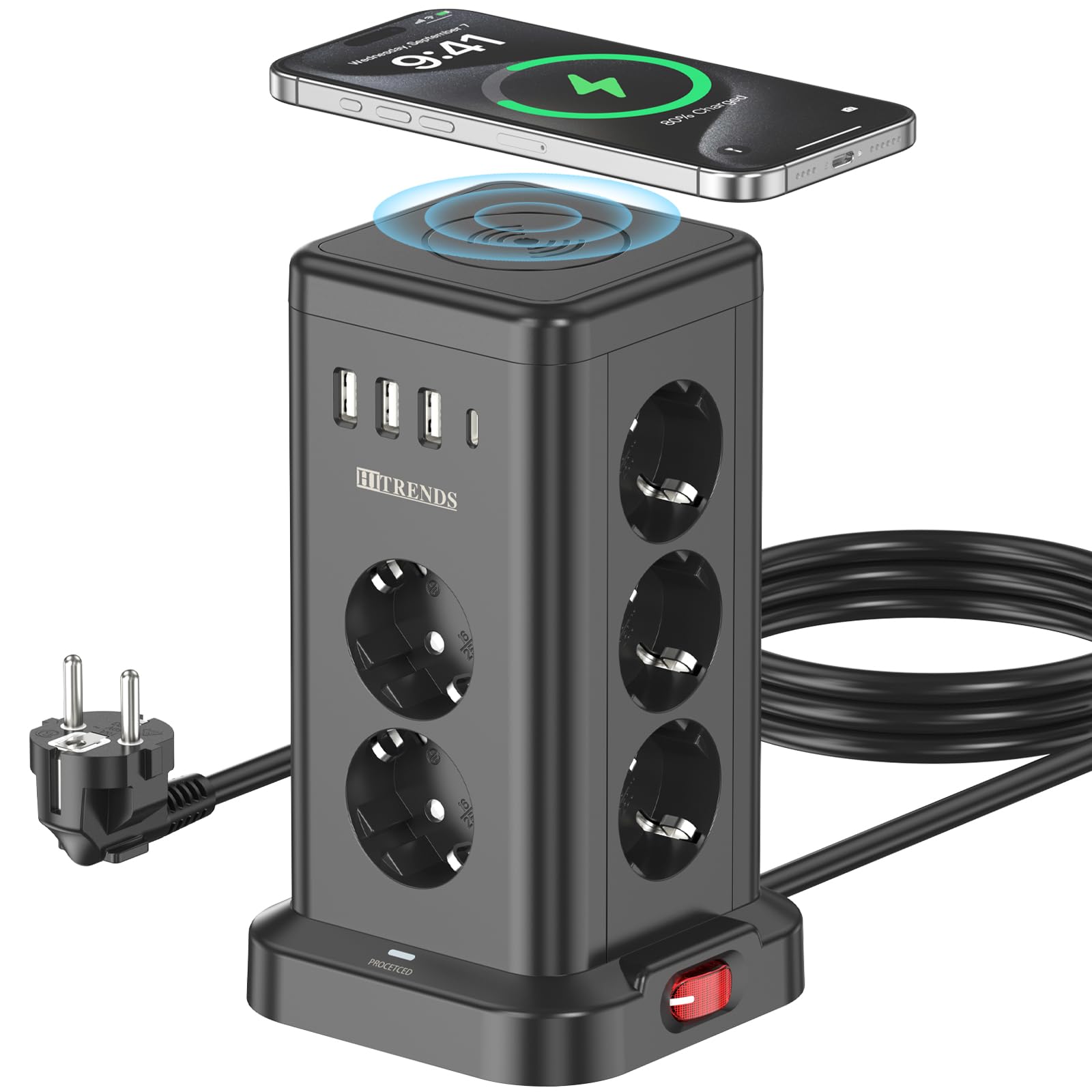 Ciabatta elettrica con USB, 11 prese, con caricatore wireless, torre con stazione di ricarica induttiva, cavo da 2 m, protezione da sovratensione