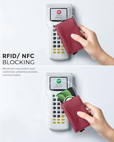 Miniatura 5 de VULKIT Cartera delgada desplegable para mujer, soporte minimalista para tarjetas de crédito con ranuras de cuero, cartera bifold metálica con