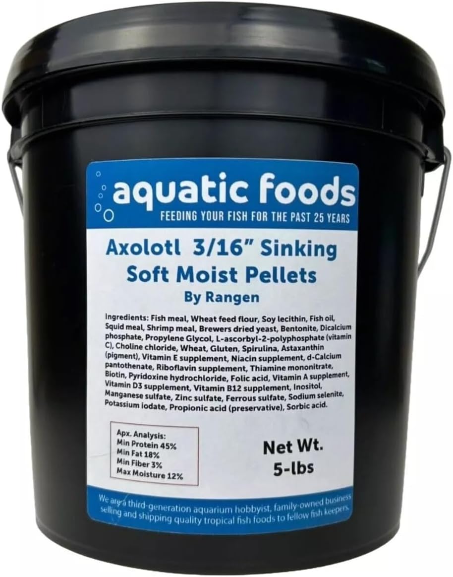 Aquatic Foods Inc. Axolotl Food 3/16" Soft Moist Sinking Pellets for Axolotls, Shrimp, Snails, Newts, Tropical Fish, Koi & Pond Fish, Salmon Pellets. 5-lb Bucket