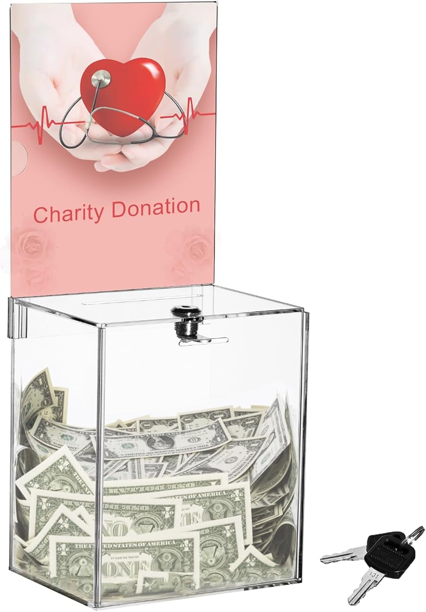 Youeon Large Acrylic Donation Box with Lock, 6.7 x 5 x 16 in Clear Suggestion Box with Slot and Lock, Ballot Tin with Sign Holder for Tip, Comment, Voting, Charity, Fundraising