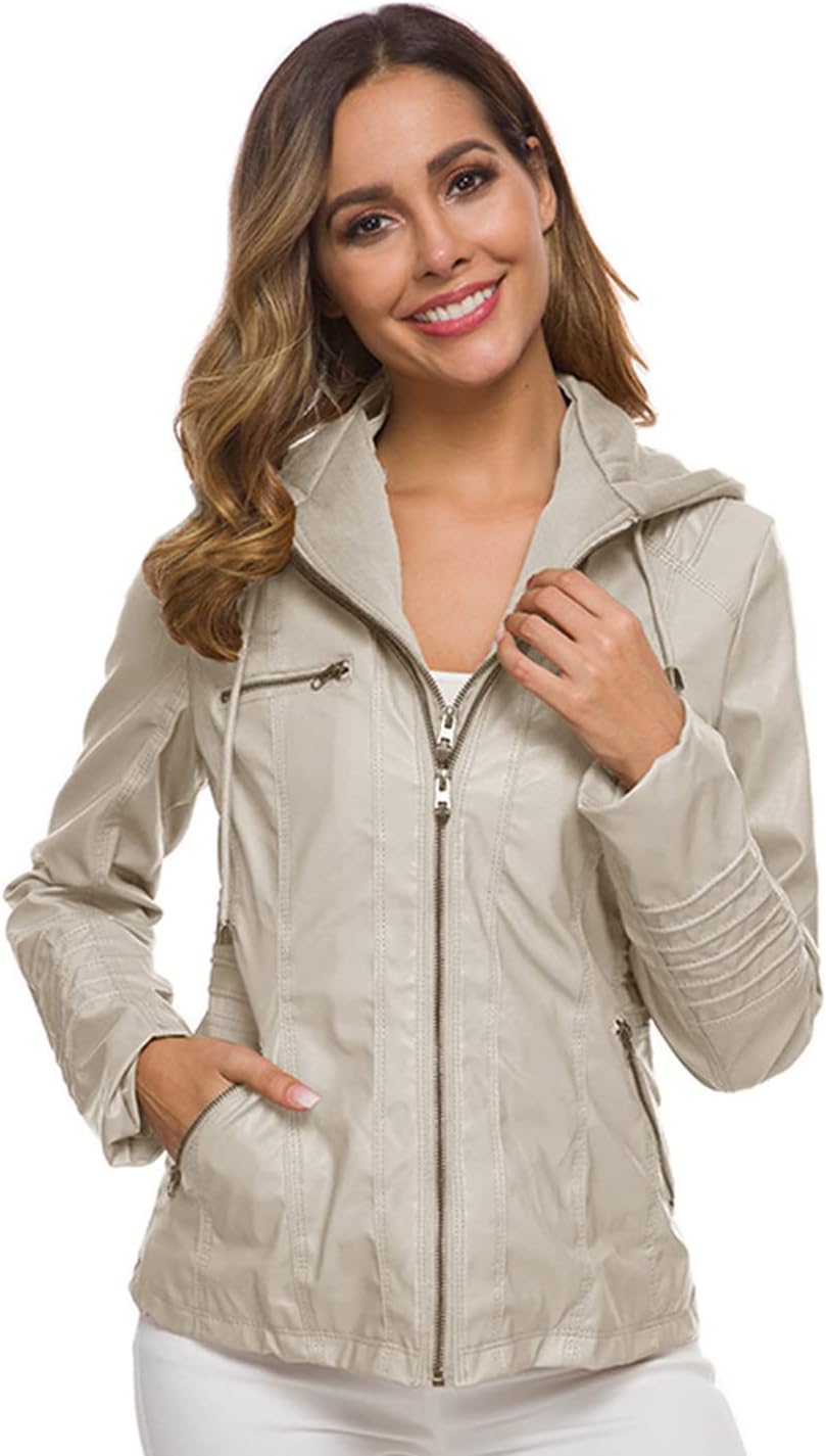 Springrain Women's Faux Leather Jacket Moto Biker Coat with Detachable Hood Motorcycle Jacket - Image 4