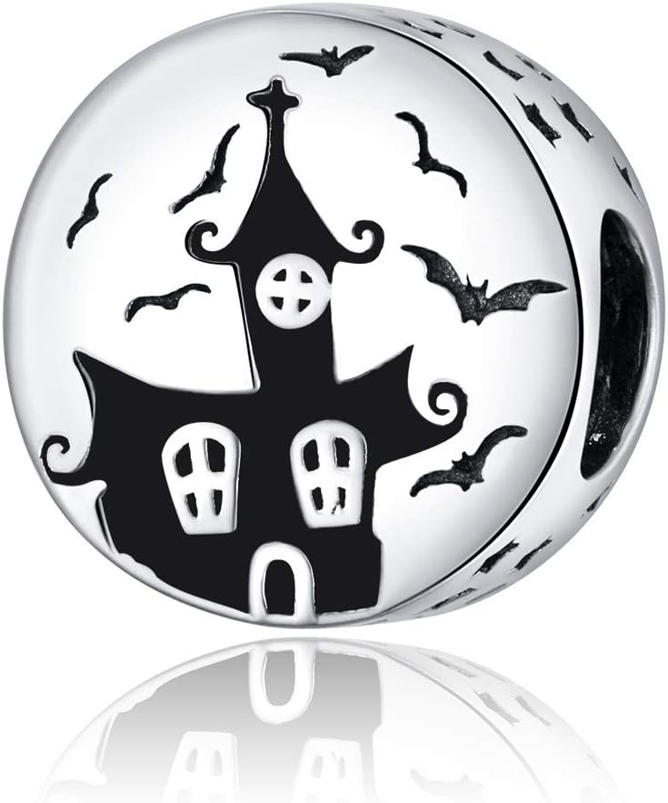 Shysnow Halloween Pumpkin Charms Black Cat Ghost Castle Charm Sterling Silver 925 Vintage Enamel Spacer Beads for Bracelet/Necklace Halloween Jewelry Gifts for Women Girls