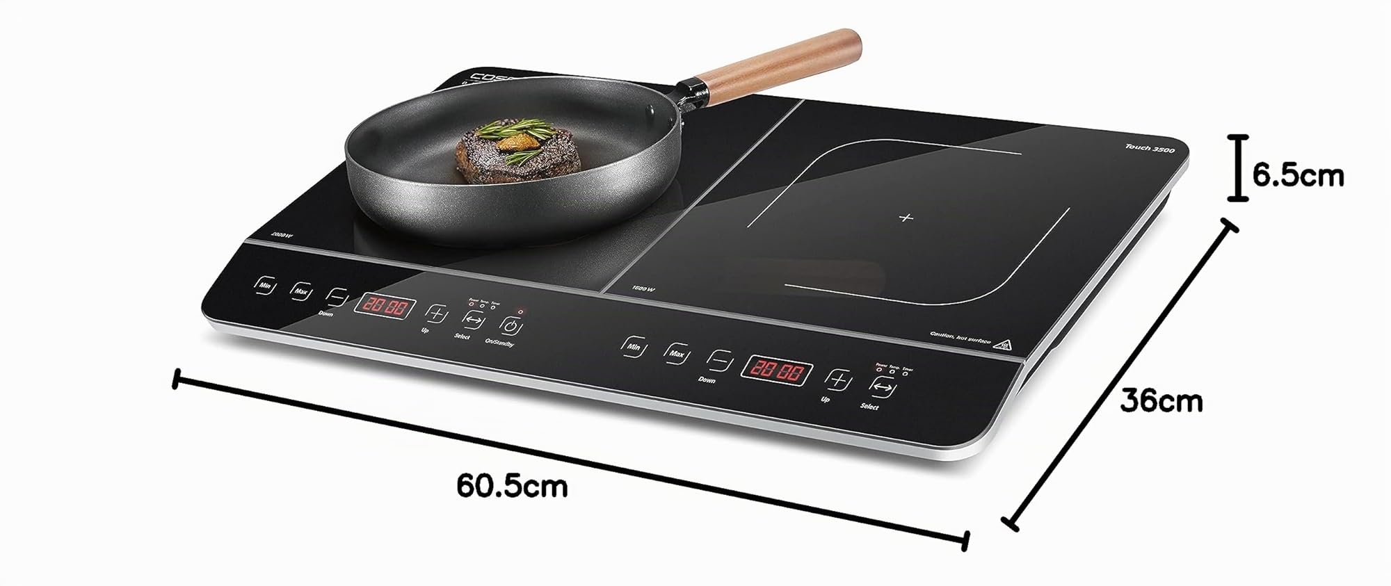 CASO Touch 3500 Plaque de cuisson à induction double mobile, Interrupteur de sécurité, 60-240°C, 6 niveaux, Minuterie 180 min, Casseroles jusqu'à 26 cm, 3500 Watt, Vitrocéramique