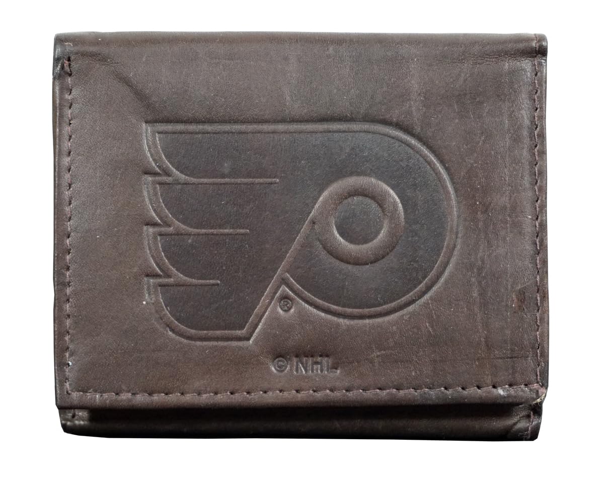 Rico Philadelphia Flyers NHL Distressed Look Embossed Logo Dark Brown Leather Trifold Wallet