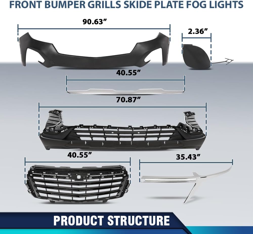 PIT66 Front Upper and Lower Bumper Cover Grilles Skide Plate Fog Lights Set Compatible with Chevy Equinox 2022-2023 Black PP