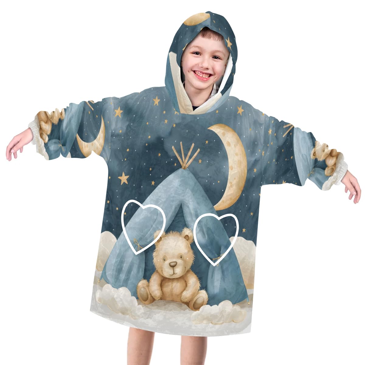 Pardick Wearable Blanket Hoodie for Kids, Cute Bears Fleece Sweatshirt Blanket Oversized Blanket Sweatshirt with Pocket Flannel Warm Hooded Blanket 6-10 Year Old Girl Boy Gift, One Size