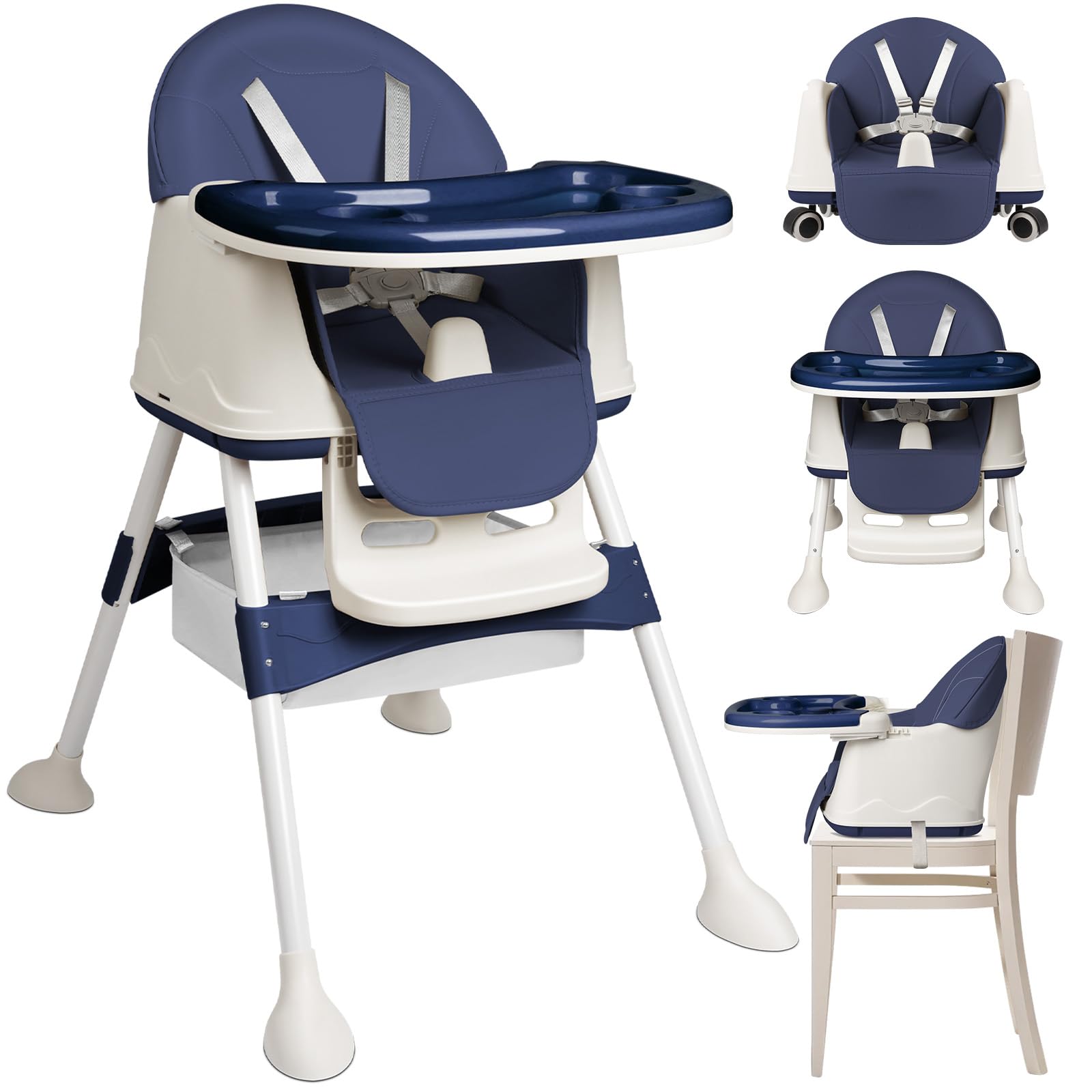 Ferghana 4-in-1-Hochstuhl für Babys, Kinderhochstuhl mit Abnehmbarem Tablett, Babystuhl mit Unteres Staufach und Rollen, Höhe Verstellbarer Hochstuhl mit 5-Punkt-Gurt, Blau