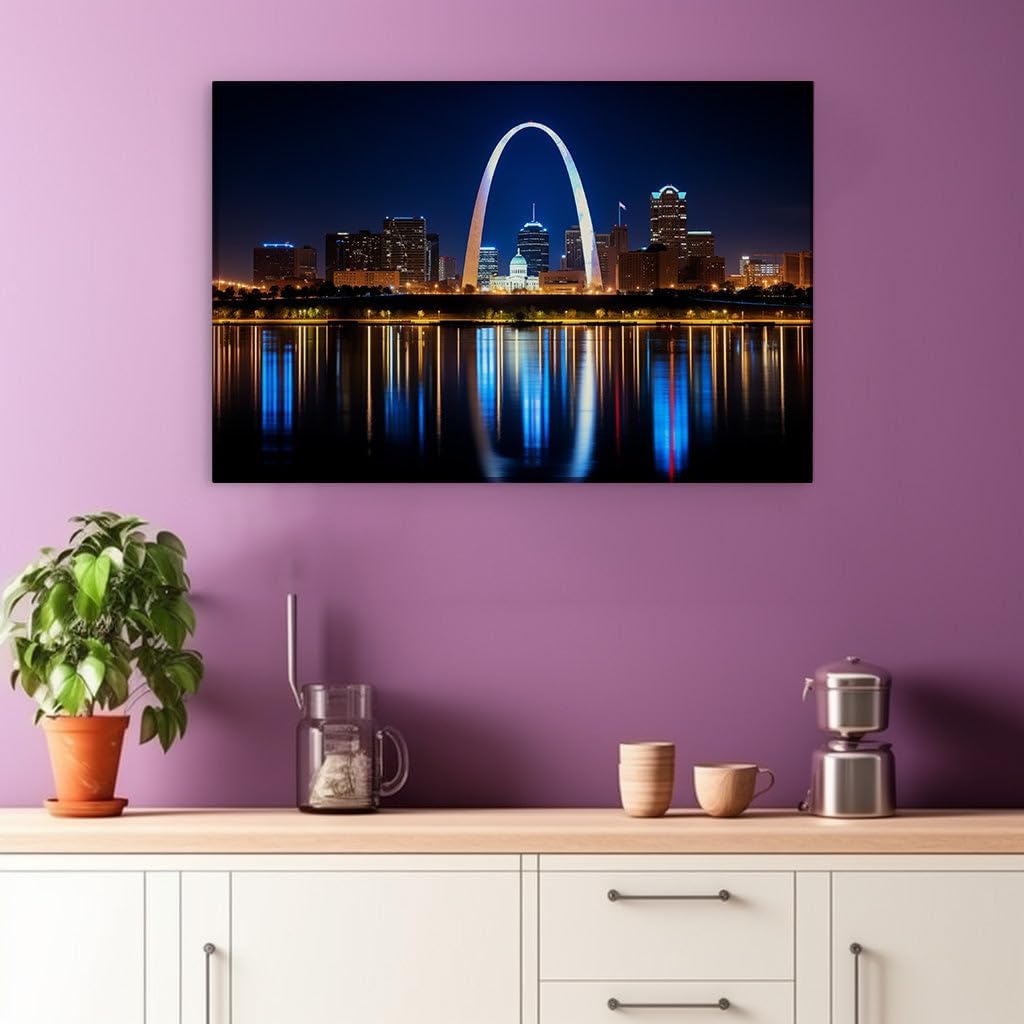 Canvas for Living room. Gateway Arch Illuminated: St. Louis' Nighttime Splendor Unveiled, 27 x 18 inch Canvas Wall Art - Modern Home Decor
