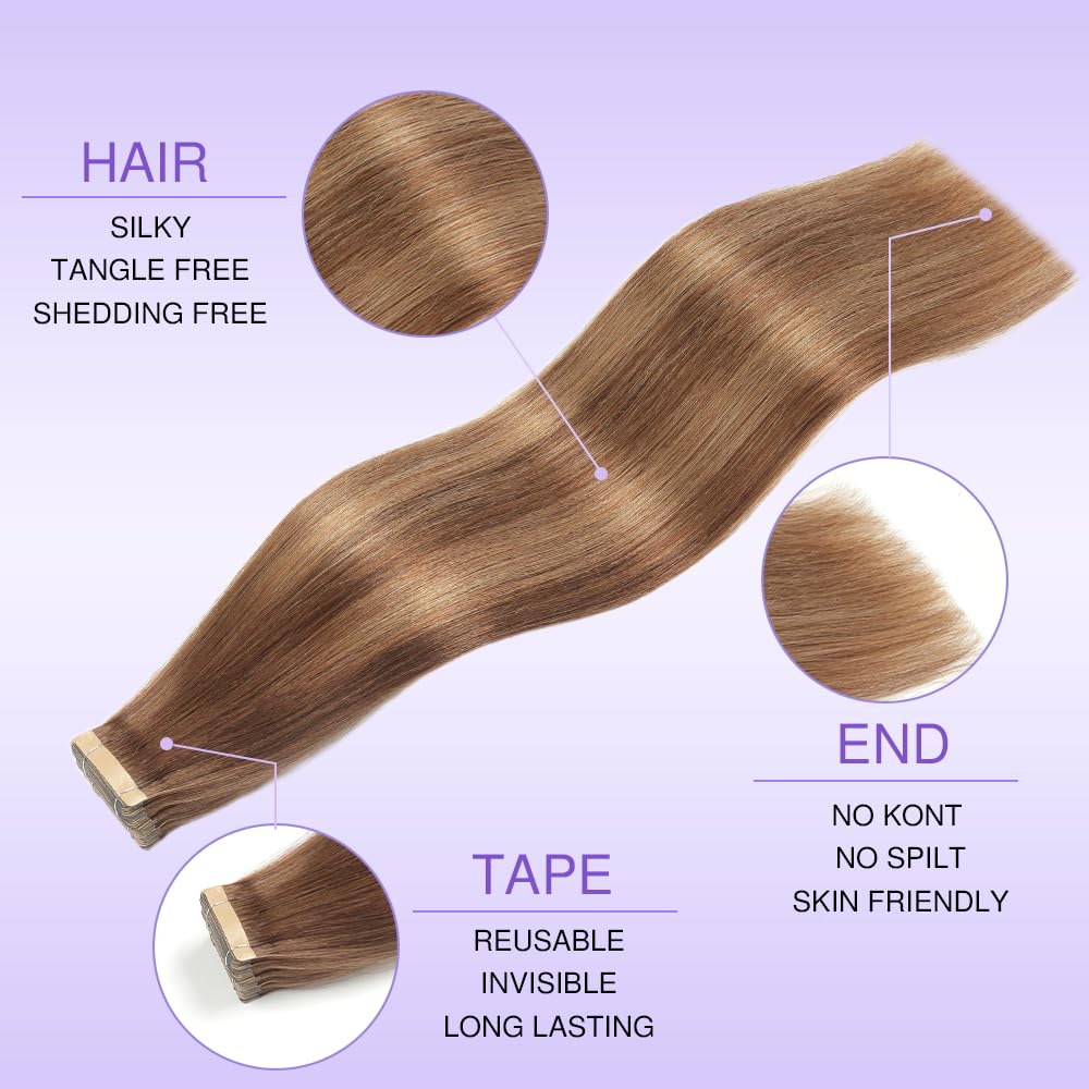 Tape Extensions Echthaar 20pcs Extensions Echthaar 55cm 50g Schokoladenbraun mit Karamellblond Tape In Extensions Echthaar Invisible Echthaar Extensions Tape Für Frauen(22inch,4/4/27#)