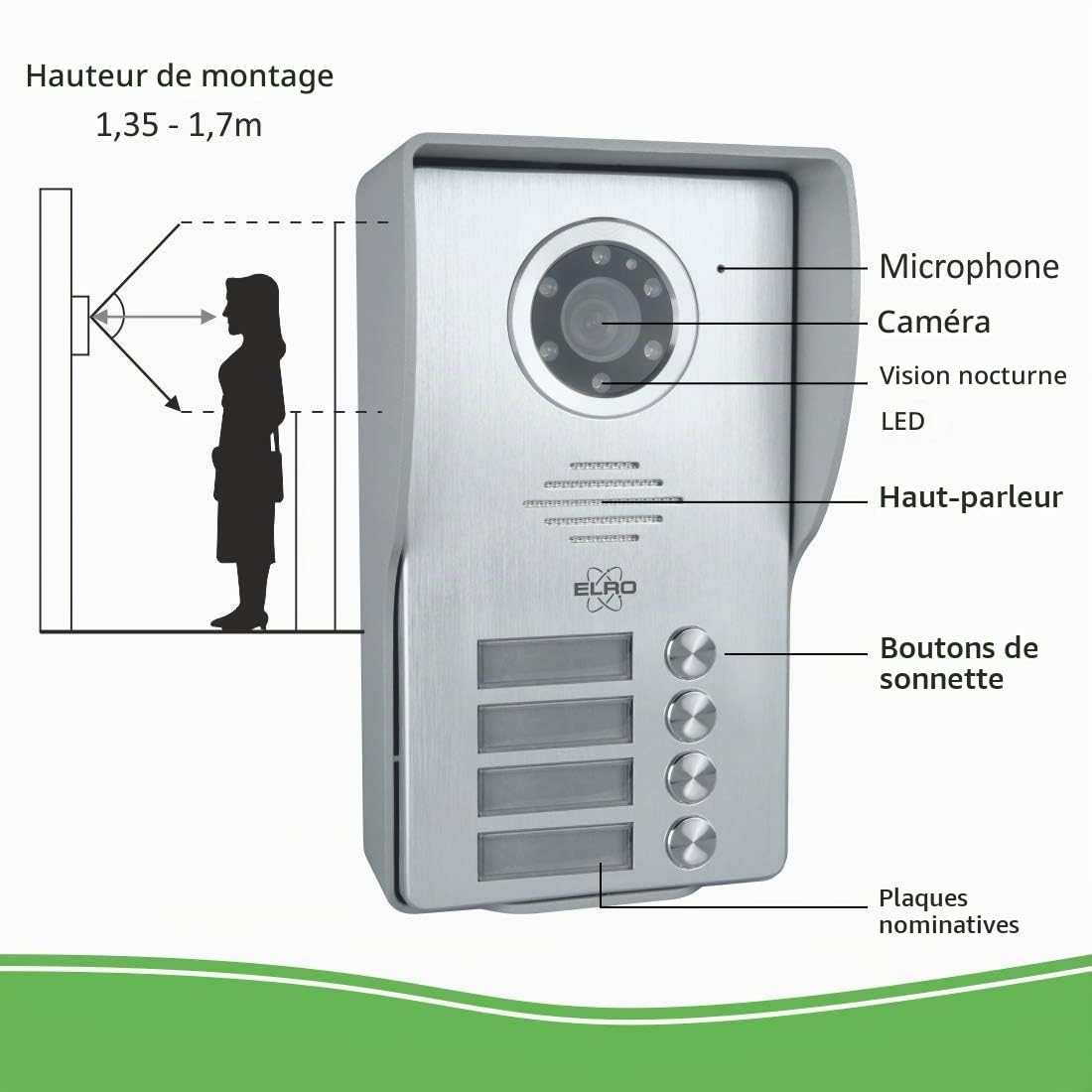 ELRO Interphone vidéo DV477W4 à 4 familles avec écran 4 couleurs, caméra avec vision nocturne, technologie 4 fils, 16 sonneries, gris, taille unique