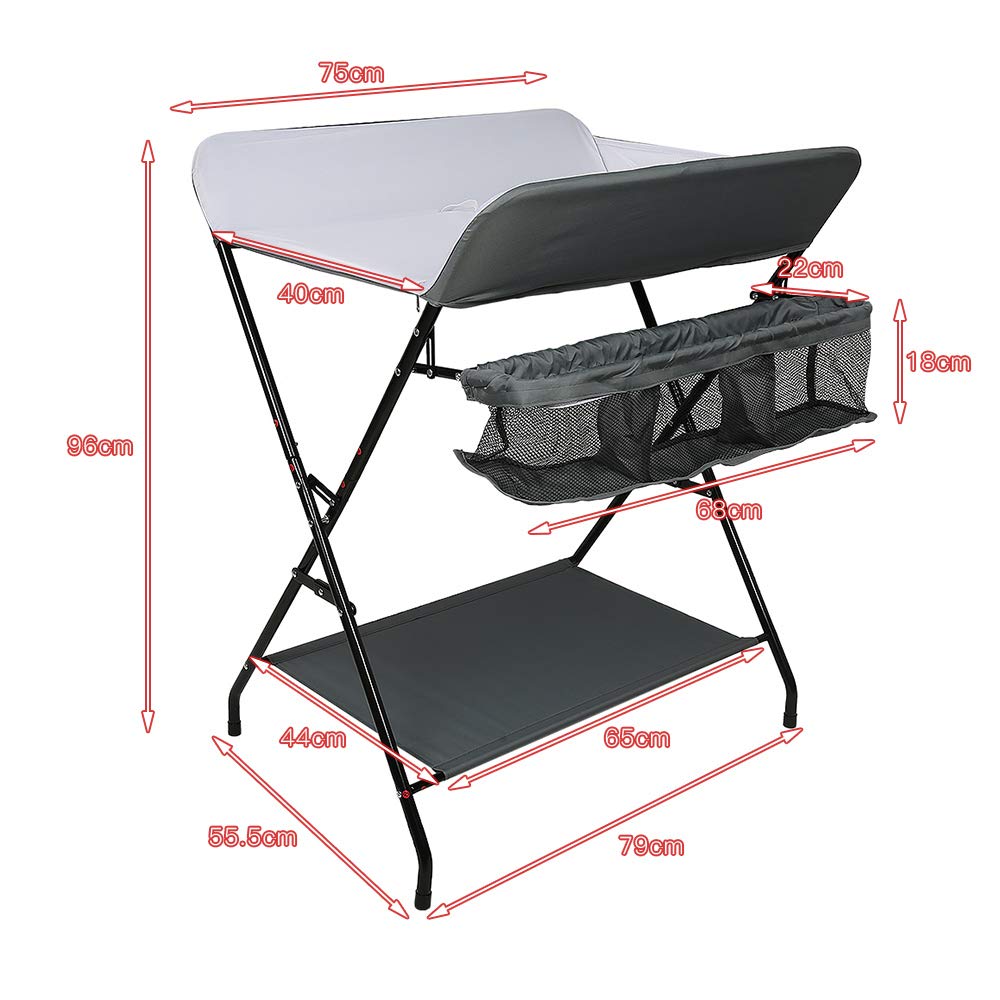homewell Wickeltisch, Baby Wickelkombi Faltbar Tragbar, Klappbare Wickelkommode mit Aufbewahrungskorb, Sicherheitsgurt und 4 Rollen, Platzsparend & Stabil, 79 * 55.5 * 96cm (Grau + Weiß)