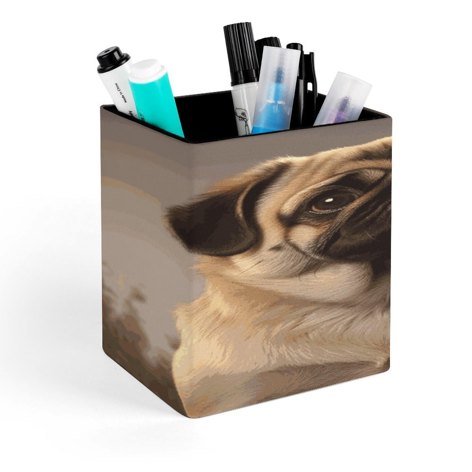 JTREHY - Dog Pen Holder Square Shape Makeup Brush Holder PU Leather Stationery Organizer Office Accessories Container Box