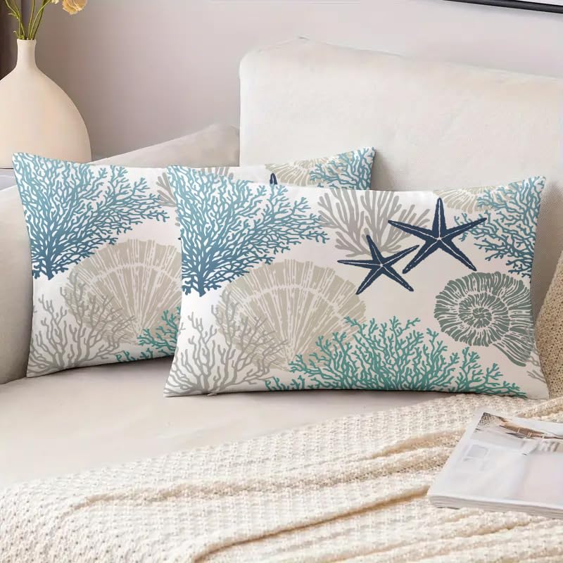 Miuyunya Set of 2 Waterproof Ocean Cushion Covers Sofa Cushions Decorative Pillow Case 30 x 50 Starfish Coral Summer Decorative for Outdoor Sofa Bed Car Home