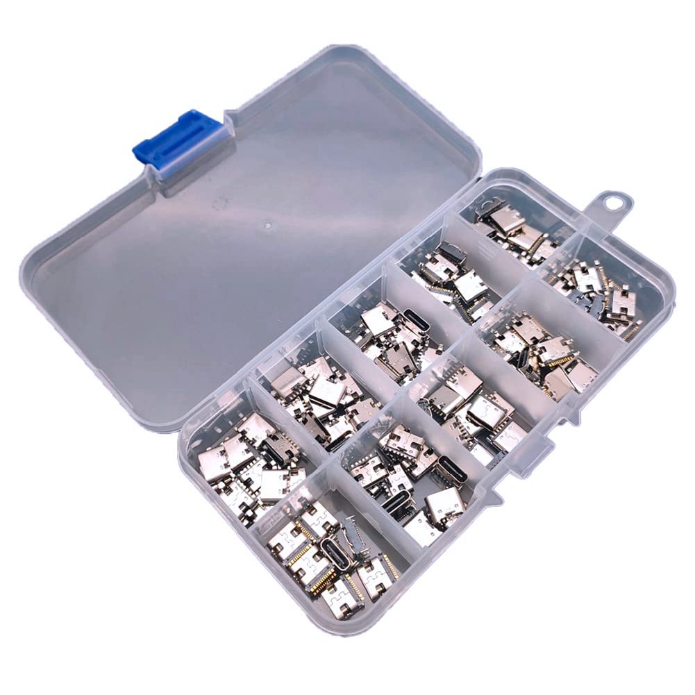 Luejnbogty 100Pcs/Lot 10Models Type-C USB Charging Dock Connectors Mix 6Pin and 16Pin Use for Phone and Digital Product Repair Kits, Silver, 500294071