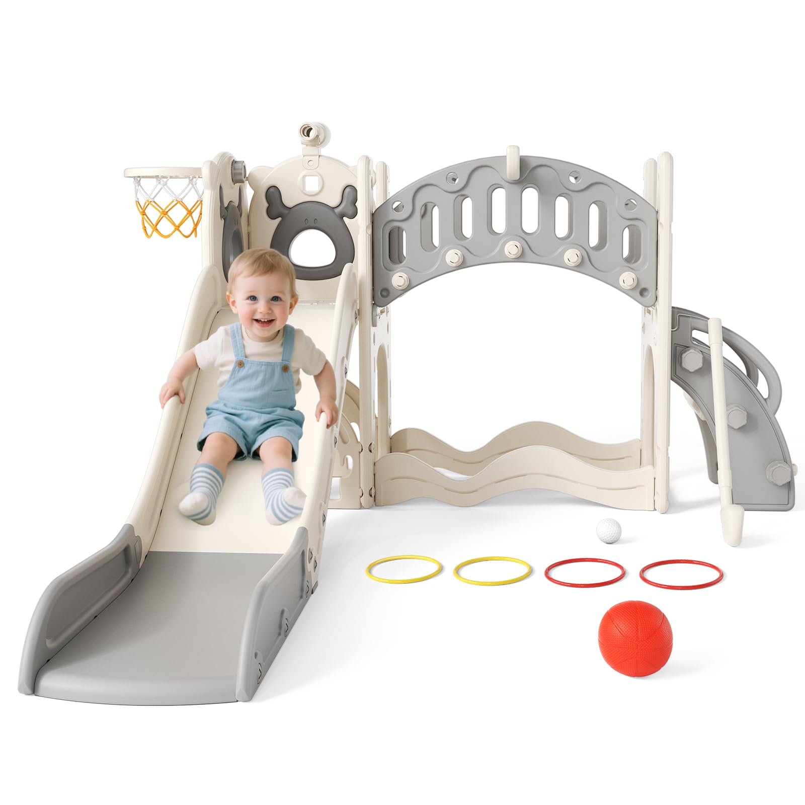 Slide per bambini ispessiti e allargati, scivolo per bambini piccoli indipendente con canestro da basket, attrezzatura per parco giochi con scivolo, scivoli all'aperto (grigio 8 in 1)