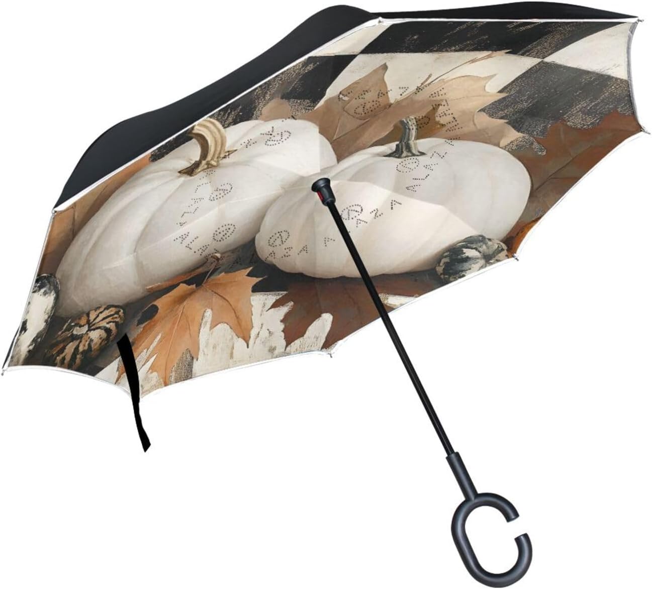 Pumpkin Fall Leaves Checkboard Inverted Umbrellas for Rain Windproof Reverse Upside Down Golf Umbrella with C-shape Handle for Men Women