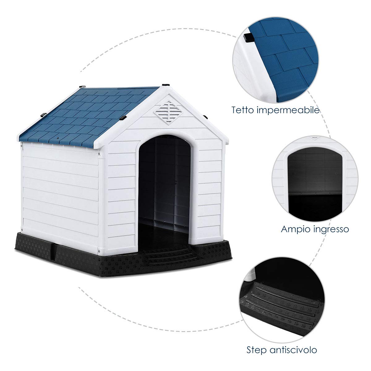 COSTWAY Cuccia per Cani da Esterno ed Interno, Casetta Impermeabile e Ventilata con Valvole d’Aria e Pavimento Rialzato, per Cani di Piccola e Media Taglia (Blu, 70 x 65 x 71,5 cm)