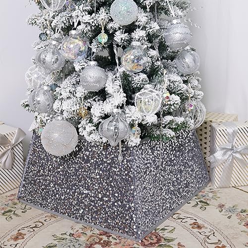 Silvergrey Christmas Tree Collars for Atificial Trees, 24 Inch Sparkling Sequins Christmas Skirt, Base Cover,Holiday Home Decor Ring(Medium)