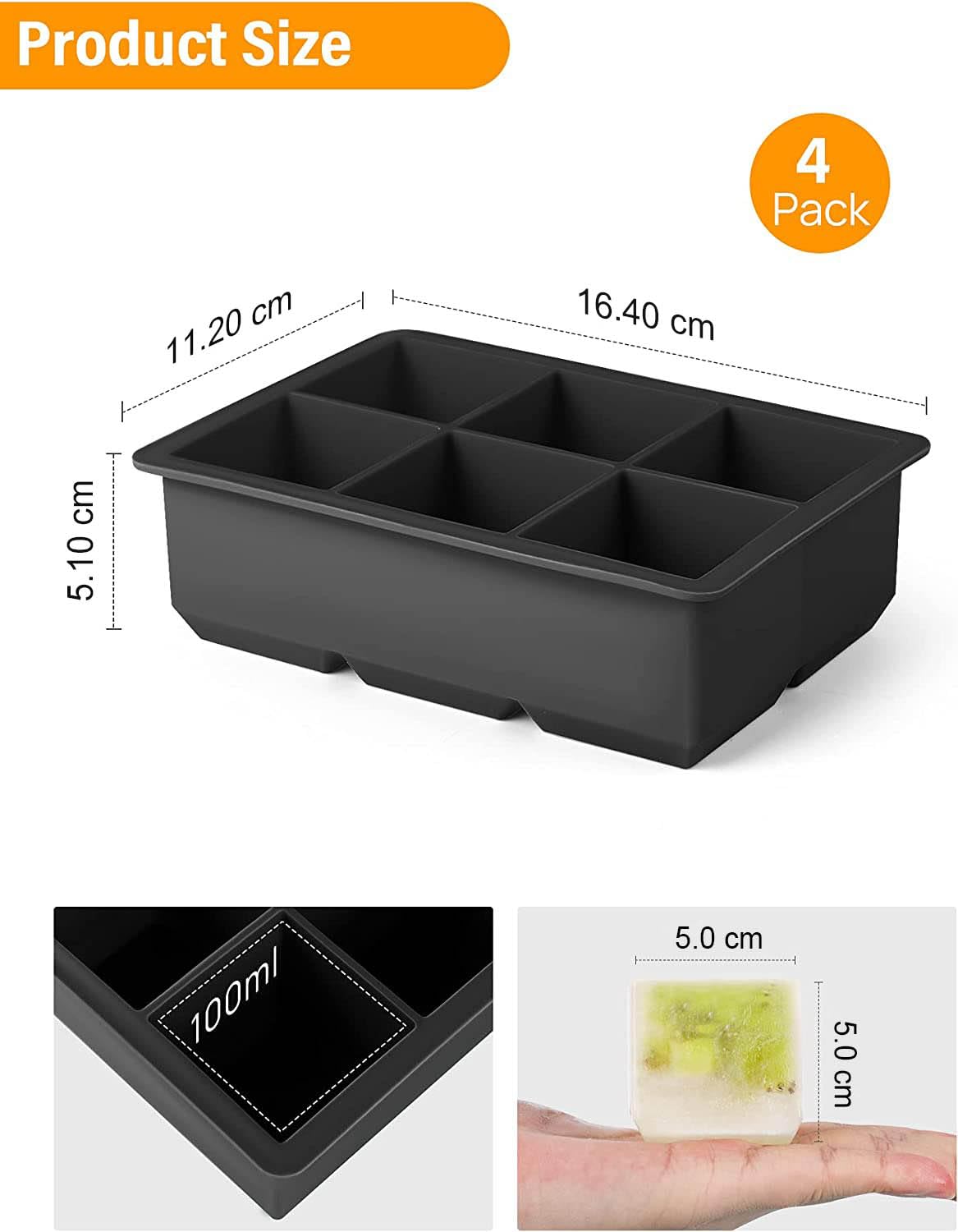 Jisile Silicone Ice Cube Trays 2 Pack, Large 6-Cavity Square Ice Cube Moulds with Spill-Resistant Lid - Image 2