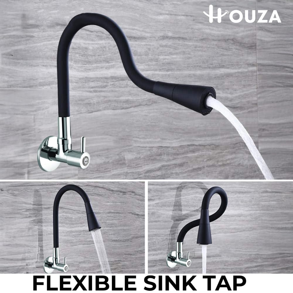 HOUZA Brass Kitchen Sink Tap Faucet with Pull Down Sprayer | Kitchen Tap with 360 Degree Flexible Silicon Swivel Spout | Water Saving Aerated Dual Flow Kitchen Faucet for Sink (Chrome Finish, Black) 4