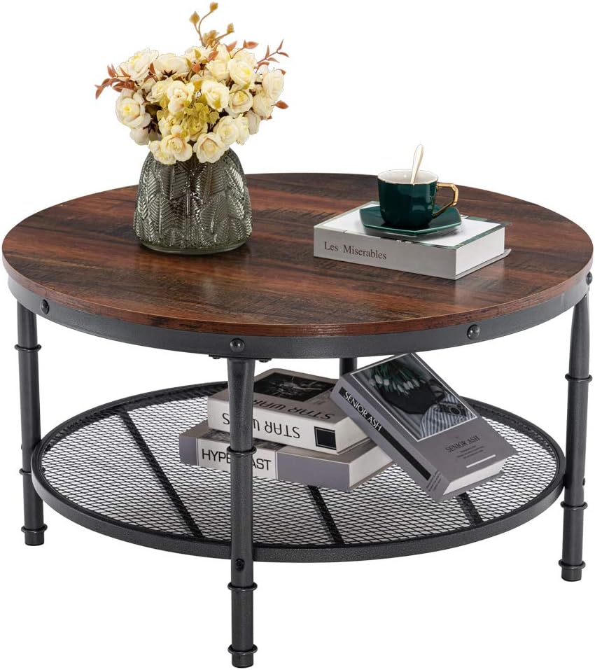 VINGLI Small Round Coffee Table, 31.5" Round Coffee Tables Living Room Round Farmhouse Coffee Table, Round Coffee Table with Storage Wooden Coffee Table Industrial Coffee Table, Dark Walnut